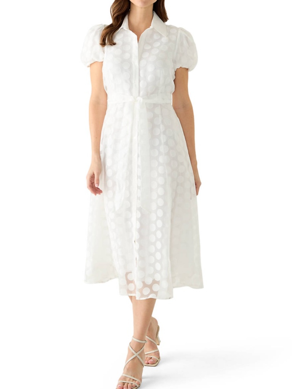 Sandra Darren White Polka Dot Puff Sleeve Midi Dress